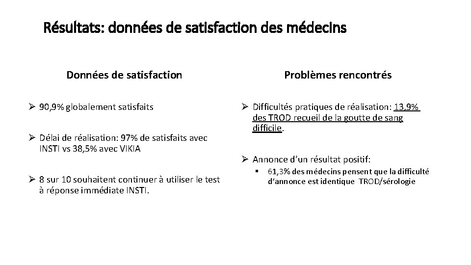 Résultats: données de satisfaction des médecins Données de satisfaction Ø 90, 9% globalement satisfaits
