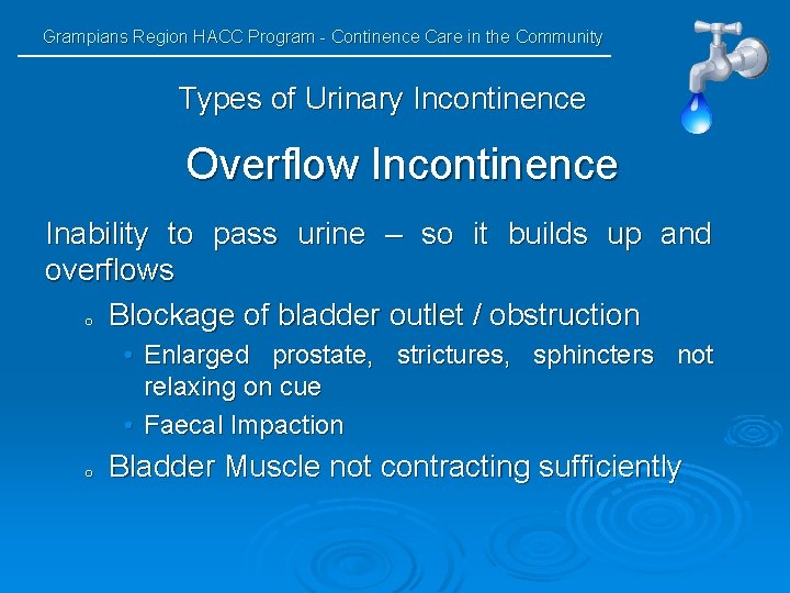 Grampians Region HACC Program - Continence Care in the Community Types of Urinary Incontinence