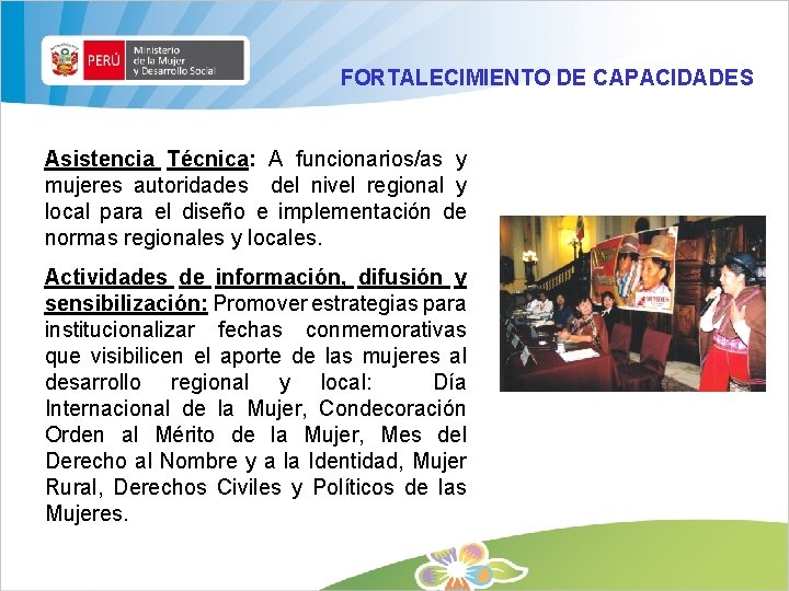 FORTALECIMIENTO DE CAPACIDADES Asistencia Técnica: A funcionarios/as y mujeres autoridades del nivel regional y