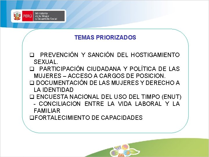 TEMAS PRIORIZADOS q PREVENCIÓN Y SANCIÓN DEL HOSTIGAMIENTO SEXUAL. q PARTICIPACIÓN CIUDADANA Y POLÍTICA