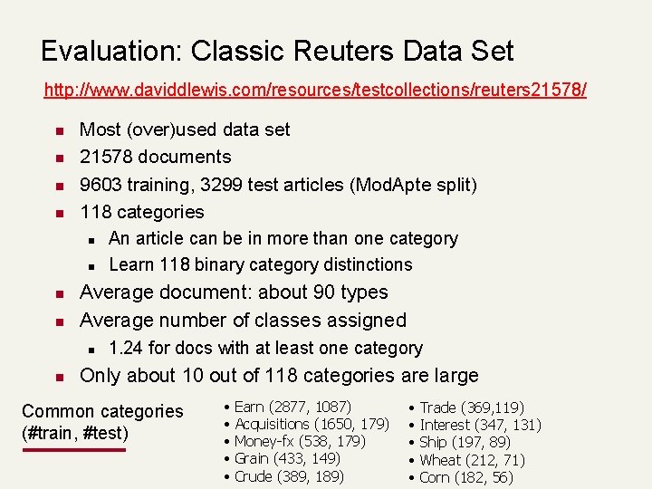 Evaluation: Classic Reuters Data Set http: //www. daviddlewis. com/resources/testcollections/reuters 21578/ n Most (over)used data