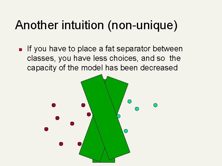 Another intuition (non-unique) n If you have to place a fat separator between classes,