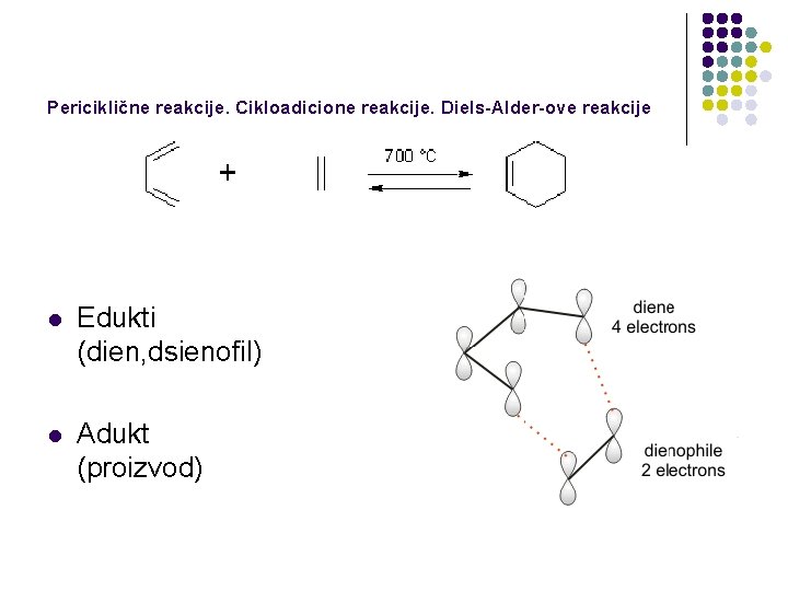 Periciklične reakcije. Cikloadicione reakcije. Diels-Alder-ove reakcije l Edukti (dien, dsienofil) l Adukt (proizvod) 