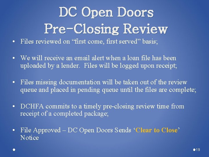 DC Open Doors Pre-Closing Review • Files reviewed on “first come, first served” basis; DC Open Doors Pre-Closing Review • Files reviewed on “first come, first served” basis;