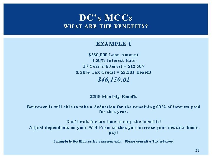 DC’ S MCC S WHAT ARE THE BENEFITS? EXAMPLE 1 $280, 000 Loan Amount DC’ S MCC S WHAT ARE THE BENEFITS? EXAMPLE 1 $280, 000 Loan Amount