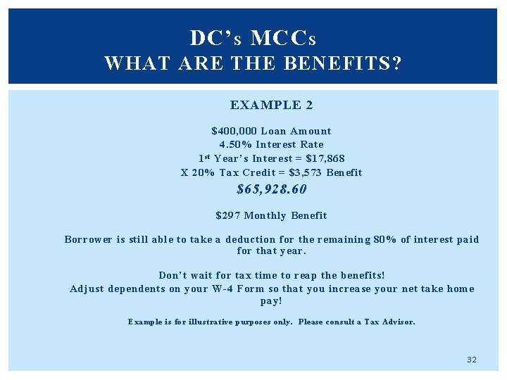 DC’ S MCC S WHAT ARE THE BENEFITS? EXAMPLE 2 $400, 000 Loan Amount DC’ S MCC S WHAT ARE THE BENEFITS? EXAMPLE 2 $400, 000 Loan Amount