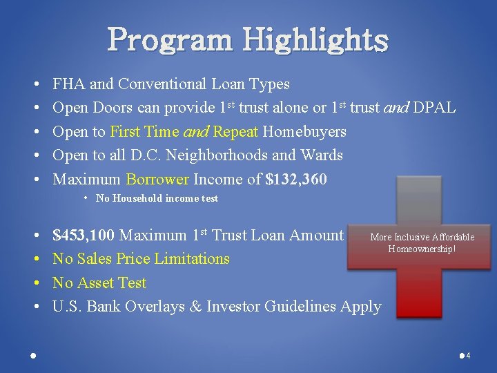 Program Highlights • • • FHA and Conventional Loan Types Open Doors can provide Program Highlights • • • FHA and Conventional Loan Types Open Doors can provide