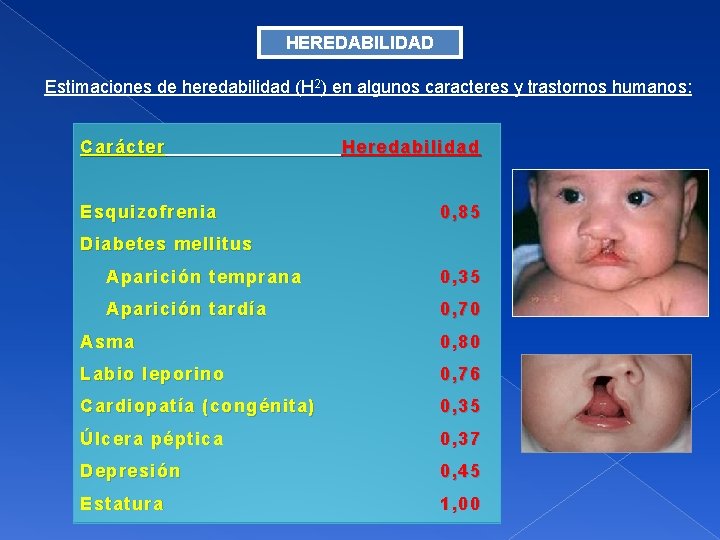 HEREDABILIDAD Estimaciones de heredabilidad (H 2) en algunos caracteres y trastornos humanos: Carácter Esquizofrenia