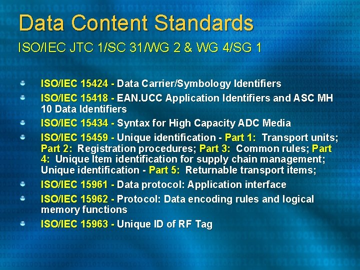 Data Content Standards ISO/IEC JTC 1/SC 31/WG 2 & WG 4/SG 1 ISO/IEC 15424 Data Content Standards ISO/IEC JTC 1/SC 31/WG 2 & WG 4/SG 1 ISO/IEC 15424