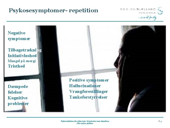 Psykosesymptomer- repetition Negative symptomer Tilbagetrækning Initiativløshed Mangel på energi Tristhed Dæmpede følelser Kognitive problemer Psykosesymptomer- repetition Negative symptomer Tilbagetrækning Initiativløshed Mangel på energi Tristhed Dæmpede følelser Kognitive problemer