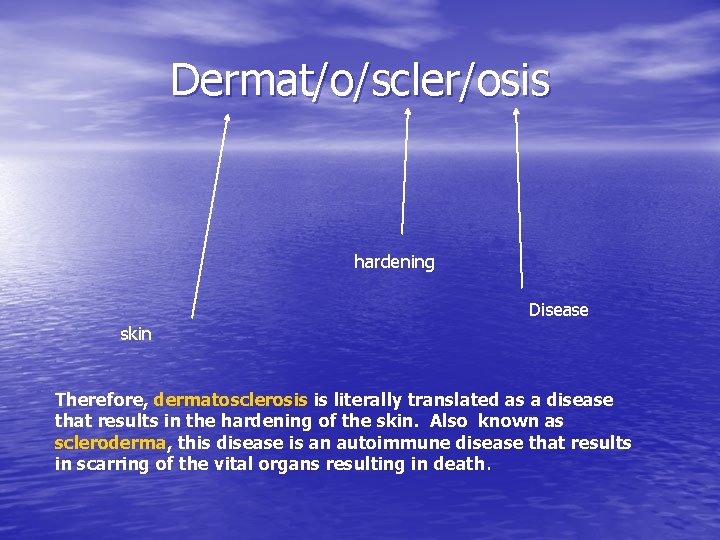 Dermat/o/scler/osis hardening Disease skin Therefore, dermatosclerosis is literally translated as a disease that results Dermat/o/scler/osis hardening Disease skin Therefore, dermatosclerosis is literally translated as a disease that results