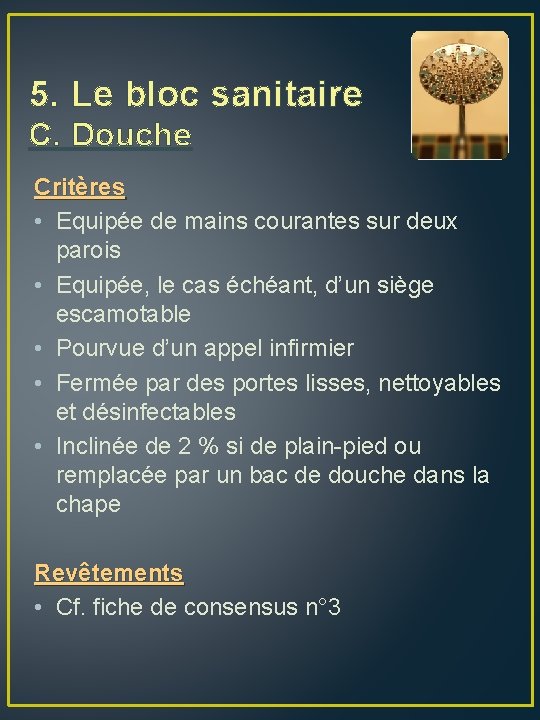 5. Le bloc sanitaire C. Douche Critères • Equipée de mains courantes sur deux