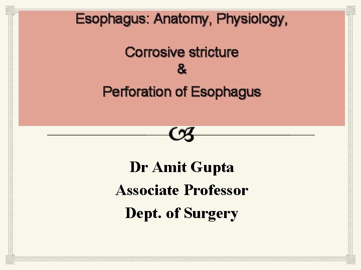 Esophagus: Anatomy, Physiology, Corrosive stricture & Perforation of Esophagus Dr Amit Gupta Associate Professor