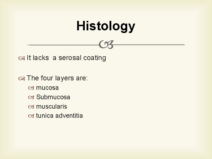 Histology It lacks a serosal coating The four layers are: mucosa Submucosa muscularis tunica
