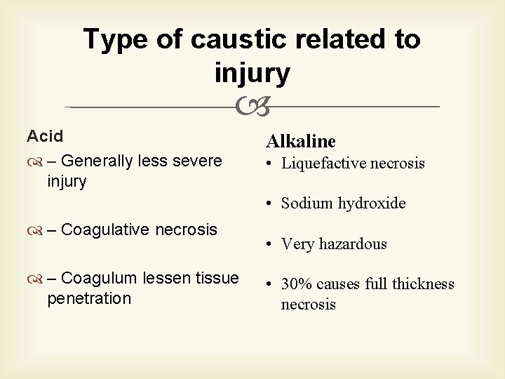 Type of caustic related to injury Acid – Generally less severe injury Alkaline •