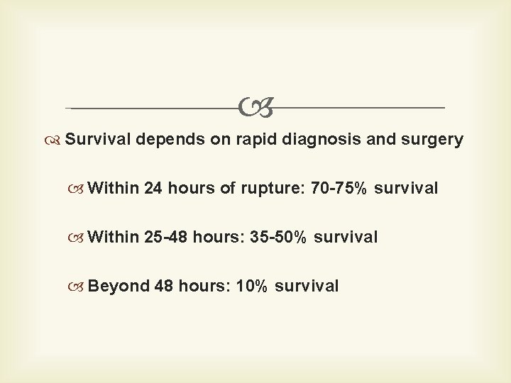  Survival depends on rapid diagnosis and surgery Within 24 hours of rupture: 70