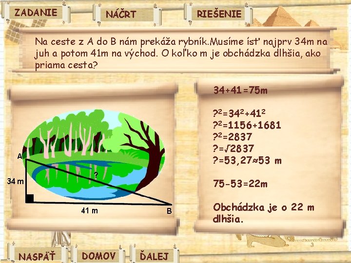 ZADANIE RIEŠENIE NÁČRT Na ceste z A do B nám prekáža rybník. Musíme ísť