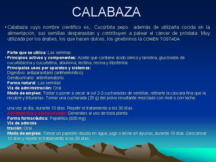 CALABAZA • Calabaza cuyo nombre científico es, : Cucúrbita pepo además de utilizarla cocida