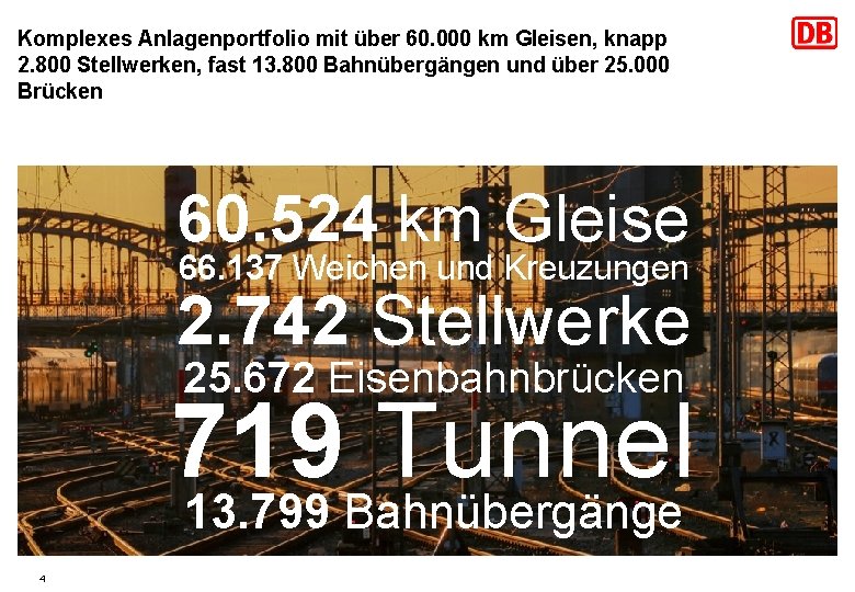 Komplexes Anlagenportfolio mit über 60. 000 km Gleisen, knapp 2. 800 Stellwerken, fast 13.