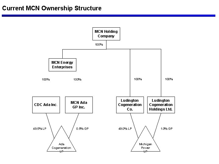 Current MCN Ownership Structure MCN Holding Company 100% MCN Energy Enterprises 100% Ludington Cogeneration