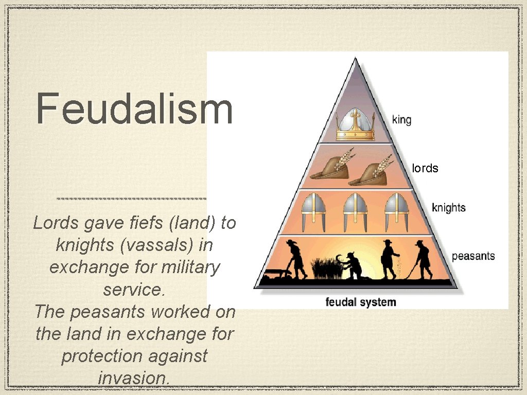 Feudalism lords Lords gave fiefs (land) to knights (vassals) in exchange for military service.