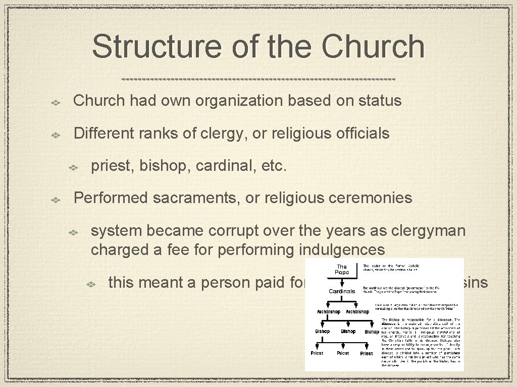 Structure of the Church had own organization based on status Different ranks of clergy,
