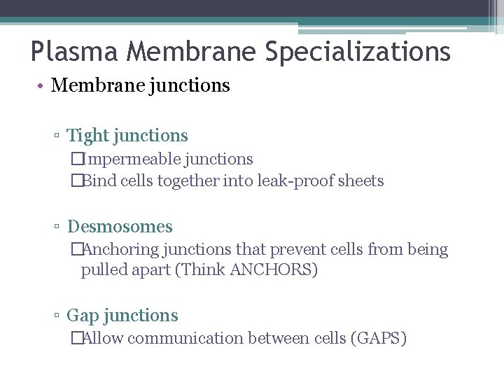 Plasma Membrane Specializations • Membrane junctions ▫ Tight junctions �Impermeable junctions �Bind cells together