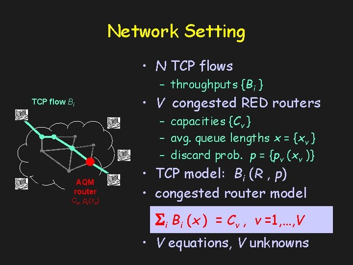 Network Setting • N TCP flows – throughputs {Bi } • V congested RED
