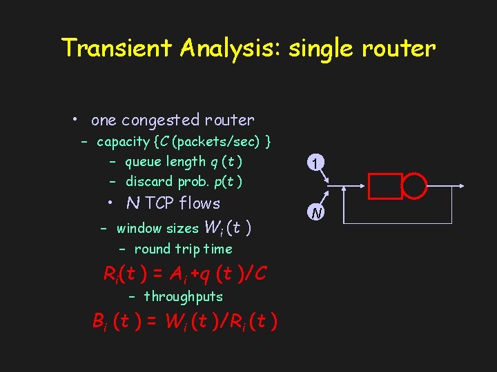Transient Analysis: single router • one congested router – capacity {C (packets/sec) } –