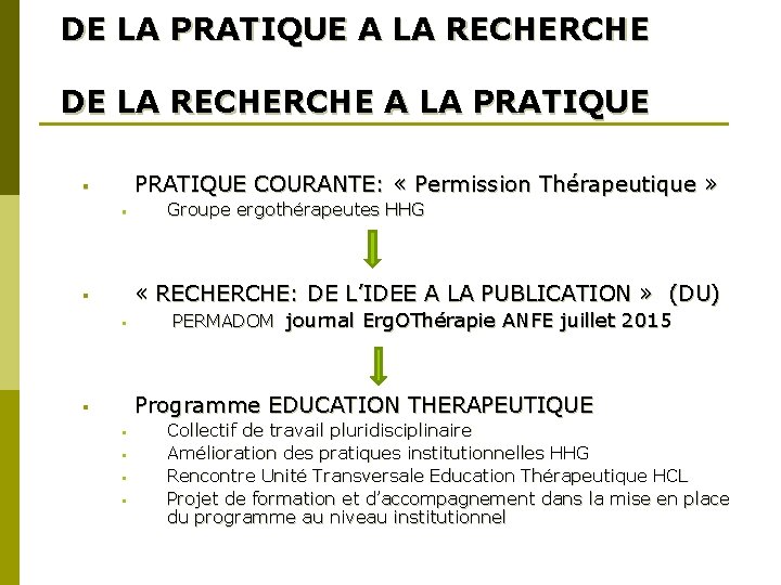 DE LA PRATIQUE A LA RECHERCHE DE LA RECHERCHE A LA PRATIQUE COURANTE: «