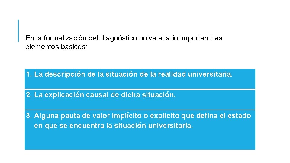 En la formalización del diagnóstico universitario importan tres elementos básicos: 1. La descripción de