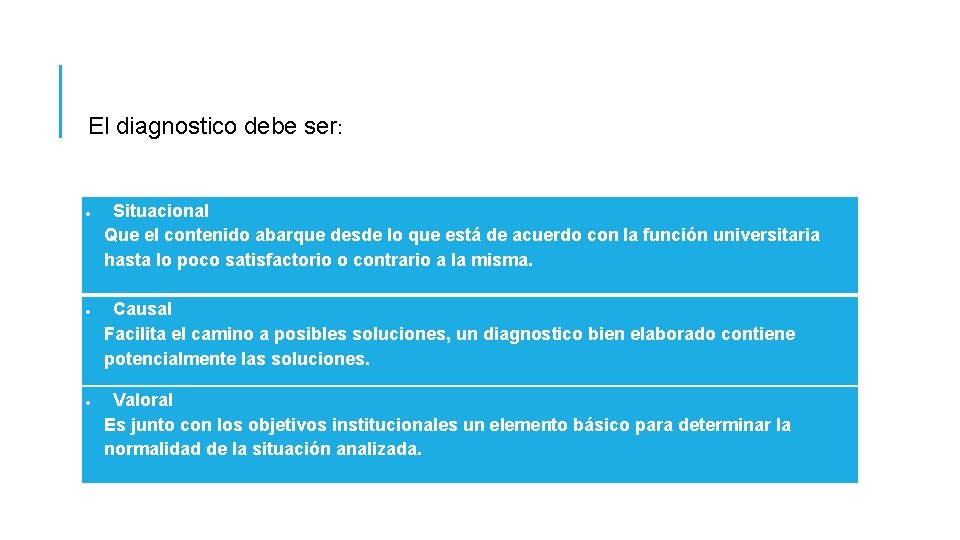 El diagnostico debe ser: Situacional Que el contenido abarque desde lo que está de