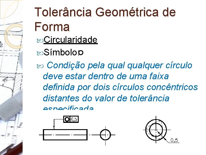 Tolerância Geométrica de Forma Circularidade Símbolo: Condição pela qualquer círculo deve estar dentro de