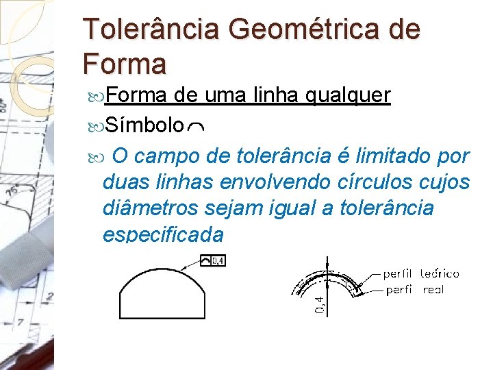 Tolerância Geométrica de Forma de uma linha qualquer Símbolo: O campo de tolerância é