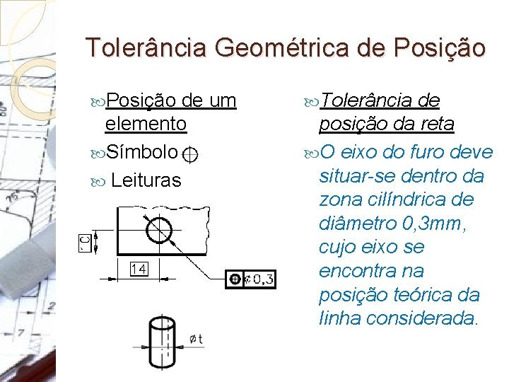 Tolerância Geométrica de Posição de um elemento Símbolo: Leituras Tolerância de posição da reta