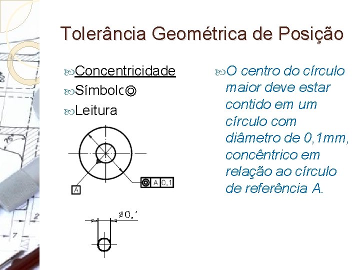 Tolerância Geométrica de Posição Concentricidade Símbolo: Leitura O centro do círculo maior deve estar