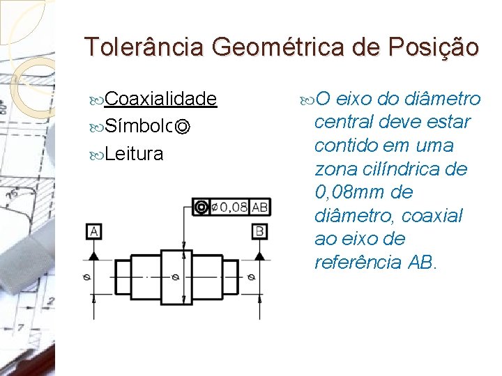 Tolerância Geométrica de Posição Coaxialidade Símbolo: Leitura O eixo do diâmetro central deve estar