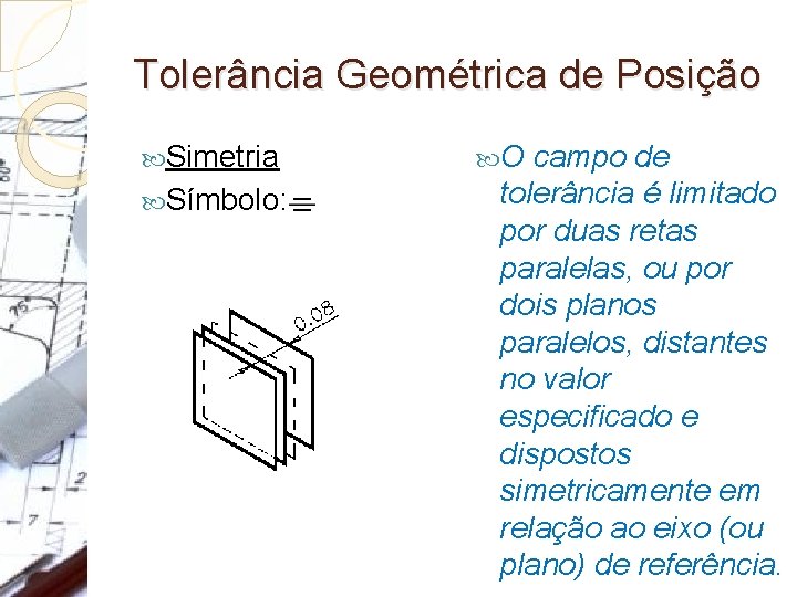 Tolerância Geométrica de Posição Simetria Símbolo: O campo de tolerância é limitado por duas