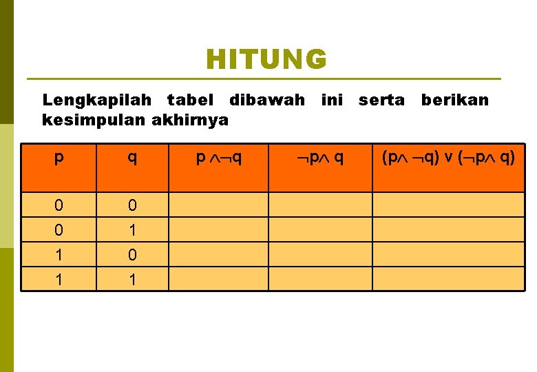 HITUNG Lengkapilah tabel dibawah ini serta berikan kesimpulan akhirnya p q 0 0 0