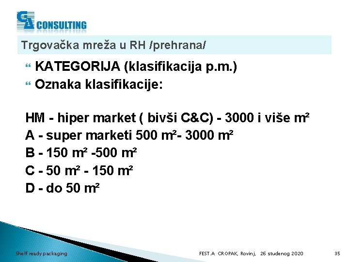 Trgovačka mreža u RH /prehrana/ KATEGORIJA (klasifikacija p. m. ) Oznaka klasifikacije: HM -