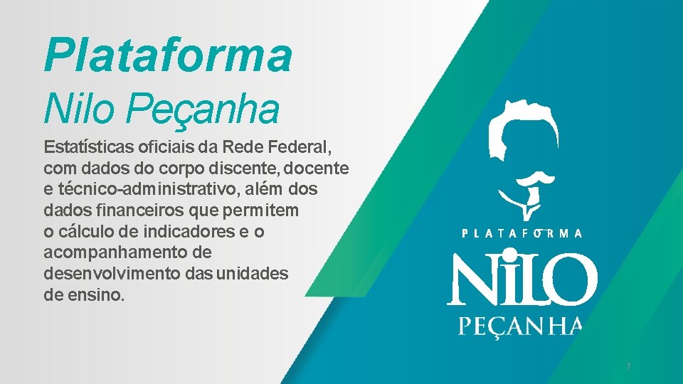 Plataforma Nilo Peçanha Estatísticas oﬁciais da Rede Federal, com dados do corpo discente, docente