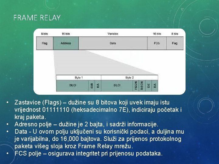 FRAME RELAY • Zastavice (Flags) – dužine su 8 bitova koji uvek imaju istu FRAME RELAY • Zastavice (Flags) – dužine su 8 bitova koji uvek imaju istu