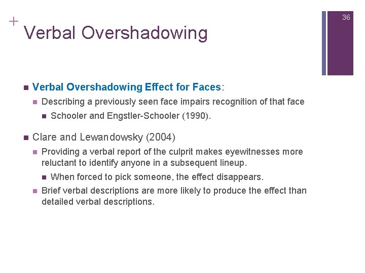 + 36 Verbal Overshadowing n Verbal Overshadowing Effect for Faces: n Describing a previously