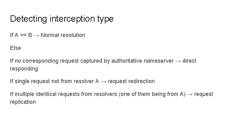 Detecting interception type If A == B → Normal resolution Else If no corresponding