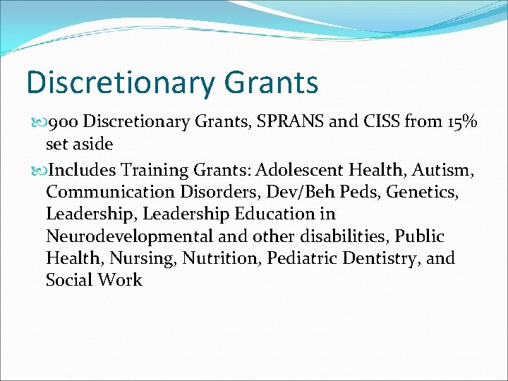 Discretionary Grants 900 Discretionary Grants, SPRANS and CISS from 15% set aside Includes Training
