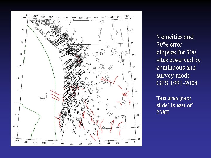 Velocities and 70% error ellipses for 300 sites observed by continuous and survey-mode GPS