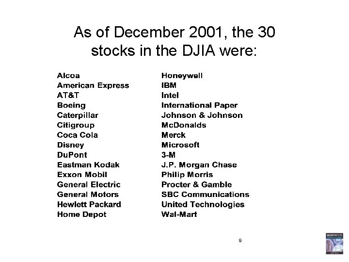 As of December 2001, the 30 stocks in the DJIA were: 9 