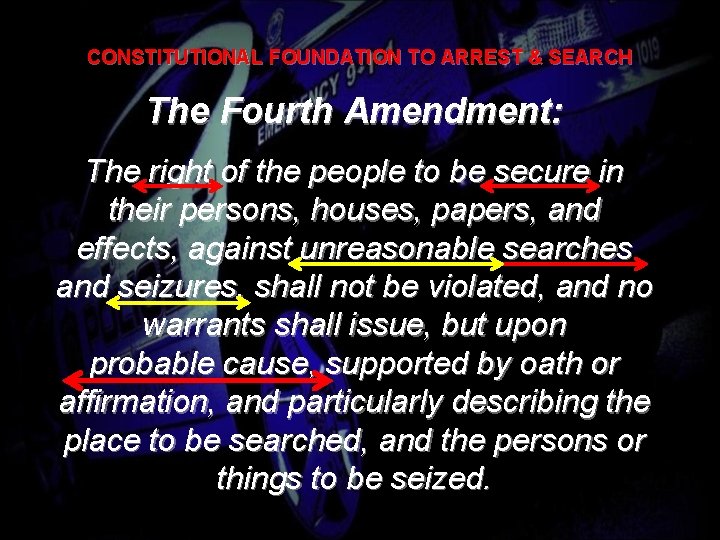 CONSTITUTIONAL FOUNDATION TO ARREST & SEARCH The Fourth Amendment: The right of the people