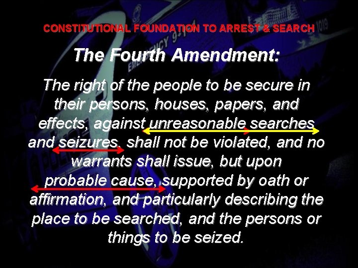 CONSTITUTIONAL FOUNDATION TO ARREST & SEARCH The Fourth Amendment: The right of the people