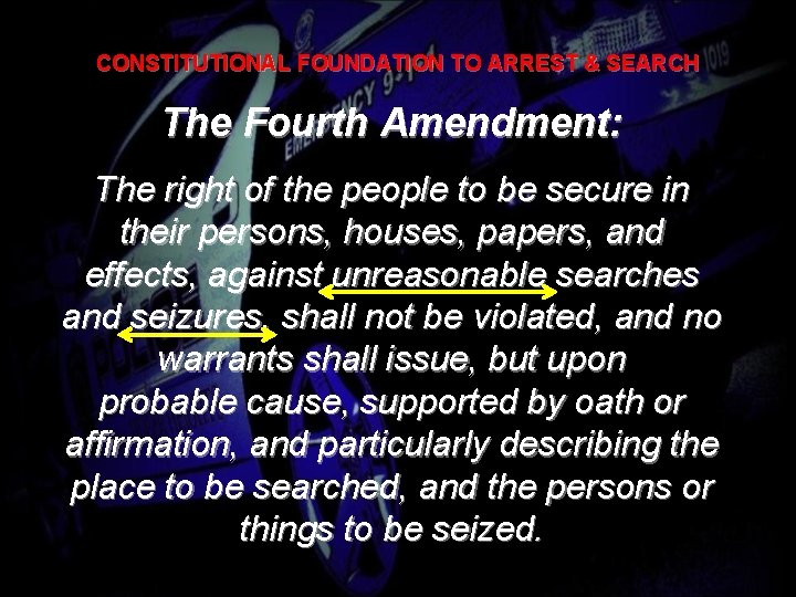 CONSTITUTIONAL FOUNDATION TO ARREST & SEARCH The Fourth Amendment: The right of the people